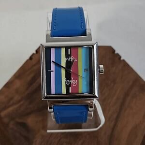 Cynthia Rowley Watch CR442 Multicolor Face Blue Leather Band Silver Steel Case